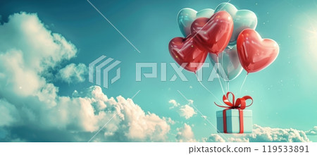 Valentine's Day Banner with Heart Balloons and Gift Box Against a Bright Sky 119533891