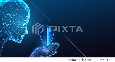 AI safety concept featuring robotic head holding shield on dark blue background. Cybersecurity 119534170