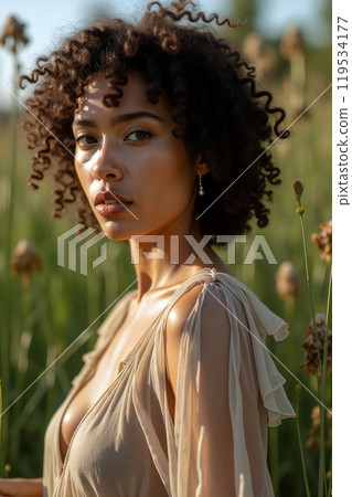 A woman with curly hair poses gracefully in a sunlit field surrounded by wildflowers in the afternoon A woman with curly hair poses gracefully in a sunlit field surrounded by wildflowers in the afternoon 119534177