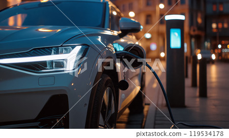 Electric vehicle charging at a city station during dusk with urban lights illuminating the surroundings Electric vehicle charging at a city station during dusk with urban lights illuminating the surroundings 119534178