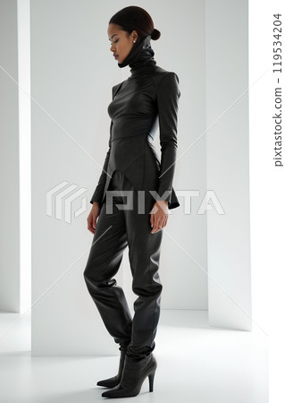Elegant model in a sleek black outfit poses in a minimalist studio with bright white lighting 119534204