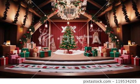 Christmas, a room with a fireplace and lots of presents 119534205