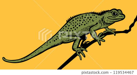 Lizard. Green lizard sitting on tree branch. Yellow background. Bright illustration 119534467