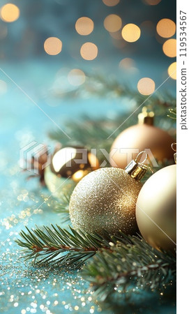 Festive Christmas Decorations with Ornaments and Snowflakes. Created with Generative AI 119534567