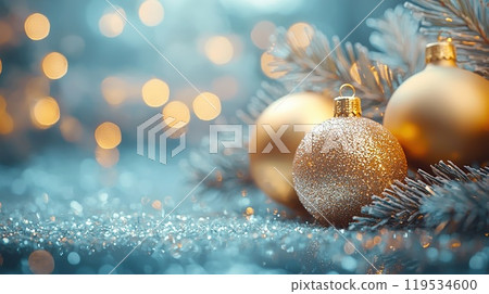 Festive Christmas Decorations with Ornaments and Snowflakes. Created with Generative AI Festive Christmas Decorations with Ornaments and Snowflakes. Created with Generative AI 119534600