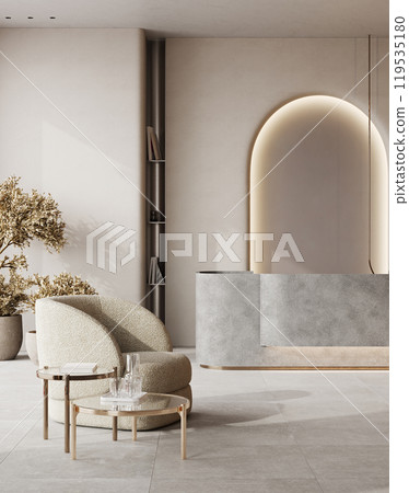 Minimalist reception lobby with desk and board. Mockup background hall, 3d rendering Minimalist reception lobby with desk and board. Mockup background hall, 3d rendering 119535180