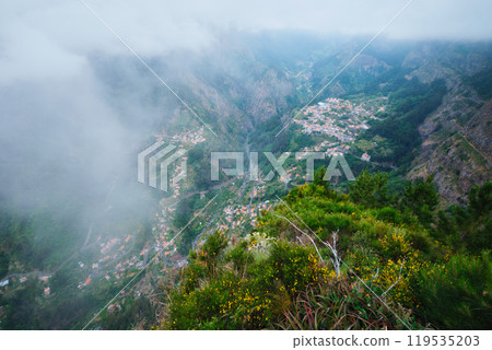 Aerial view of Curral das Freiras village. Miradouro da Eira do Serrado, Madeira, Portugal 119535203