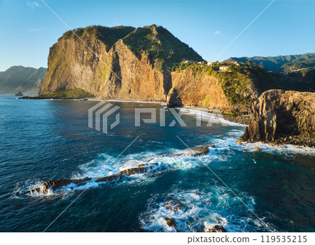 View of Madeira cliffs coastline landscape, Madeira island, Portugal View of Madeira cliffs coastline landscape, Madeira island, Portugal 119535215