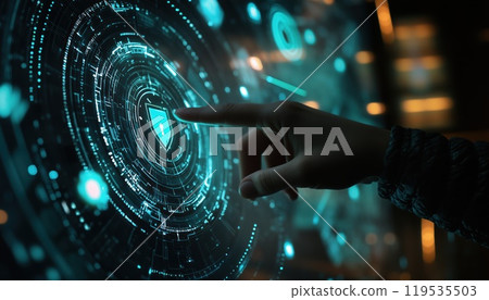 Hand Pointing At Digital Cybersecurity Interface With Lock Icon In Futuristic Graphic Style On Dark Background: Data Protection Concept 119535503
