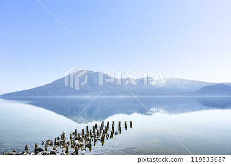 Lake Shikotsu, Mount Fuppushi, and Mount Tarumae in early spring, Chitose City 119535687