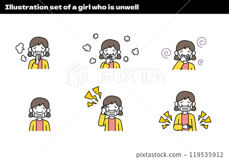 女孩身體不適的插圖(感冒、流感、花粉熱、噁心、頭痛、胃痛、過敏、氣喘) 女孩身體不適的插圖(感冒、流感、花粉熱、噁心、頭痛、胃痛、過敏、氣喘) 119535912