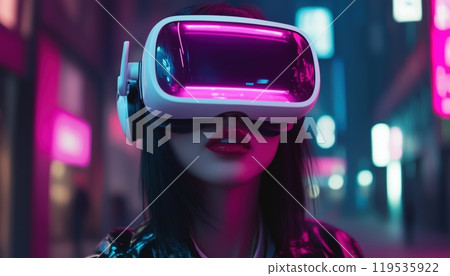 Exploring The Future: Concept Of Metaverse Technology With A Woman Wearing Vr Goggles For A Truly Futuristic Lifestyle. Exploring The Future: Concept Of Metaverse Technology With A Woman Wearing Vr Goggles For A Truly Futuristic Lifestyle. 119535922