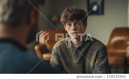 Adolescent Boy Engaged In Family Therapy Session With Supportive Father And Psychologist In Background, Blank Space For Copy. Adolescent Boy Engaged In Family Therapy Session With Supportive Father And Psychologist In Background, Blank Space For Copy. 119535941