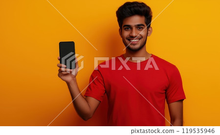 Happy Young Indian Man In Red T-Shirt Using Mobile Phone And Showing Thumbs Up Gesture In Studio With Plain Background Happy Young Indian Man In Red T-Shirt Using Mobile Phone And Showing Thumbs Up Gesture In Studio With Plain Background 119535946