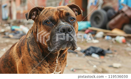 Stray dog inspecting camera, exploring garbage, ideal for text overlay with blurred backdrop 119536030
