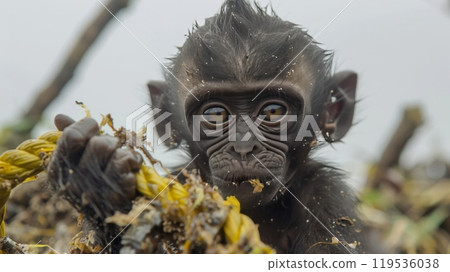Inquisitive creature eating garbage, gazes at camera on white backdrop with text space Inquisitive creature eating garbage, gazes at camera on white backdrop with text space 119536038