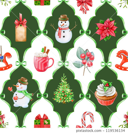 Christmas time festive decor seamless pattern. Hand drawn fir tree, mistletoe, snowman, winter seasonal treats. Winter season vintage style painted bright decor tile ornament seamless pattern design 119536134