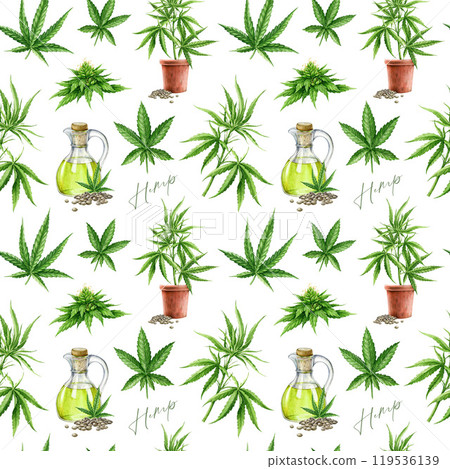 Cannabis sativa and indica plant, leaves, growing stem, oil in glass bottle seamless pattern on white background. Hemp medicinal plant painted illustration. Cannabis healthy herb decor design element Cannabis sativa and indica plant, leaves, growing stem, oil in glass bottle seamless pattern on white background. Hemp medicinal plant painted illustration. Cannabis healthy herb decor design element 119536139