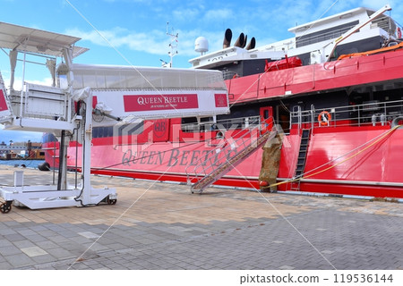 The Japan-Korea ferry QUEEN BEETLE and boarding bridge anchored at Hakata Port The Japan-Korea ferry QUEEN BEETLE and boarding bridge anchored at Hakata Port 119536144