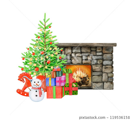 Winter time indoor house decoration. Vintage style illustration. Hand drawn fireplace, christmas tree, gifts painted illustration. Winter time cozy indoor festive decoration on white background Winter time indoor house decoration. Vintage style illustration. Hand drawn fireplace, christmas tree, gifts painted illustration. Winter time cozy indoor festive decoration on white background 119536158