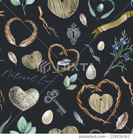 Natural elements with heart shapes seamless pattern. Watercolor illustration. Hand drawn wooden, stone, feather heart shape natural elements. Valentine day mood rustic style seamless pattern element Natural elements with heart shapes seamless pattern. Watercolor illustration. Hand drawn wooden, stone, feather heart shape natural elements. Valentine day mood rustic style seamless pattern element 119536161