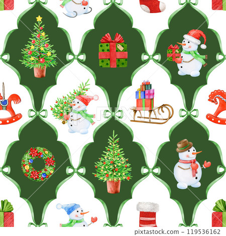 Christmas festive seamless pattern decoration. Hand drawn fir tree, snowman, Christmas wreath, gifts. Winter time vintage style painted bright decor tile ornament seamless pattern design element Christmas festive seamless pattern decoration. Hand drawn fir tree, snowman, Christmas wreath, gifts. Winter time vintage style painted bright decor tile ornament seamless pattern design element 119536162