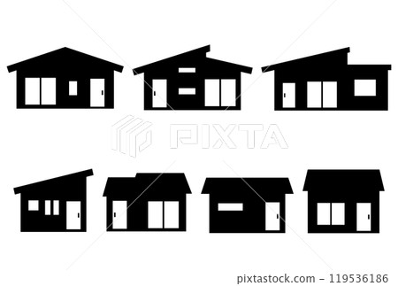 Set of silhouette illustrations of one-story houses 119536186