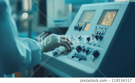 Automatic Machine Production Line Used By Workers In Medicine Factory For Manufacturing Medical Plastic Forms For Surgical Kits. 119536317