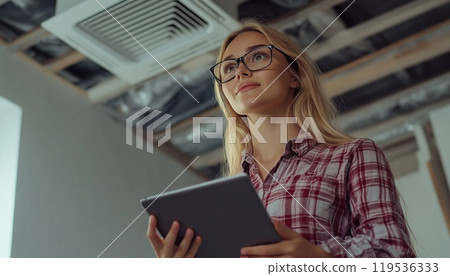 Attractive Young Woman In Glasses And Casual Attire Observes Apartment Renovation With Blonde Girl And Designer Inspecting Modern Interior. 119536333