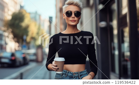 Fashionable Lady With Trendy Short Hair Walking In The City With Coffee, Rocking A Black Top, Denim Jeans, And Stylish Sunglasses. 119536422