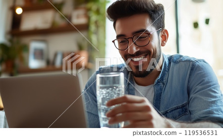 Close-Up Shot Of Young Man At Home Taking A Glass Of Water From Table While Using Laptop. 119536531