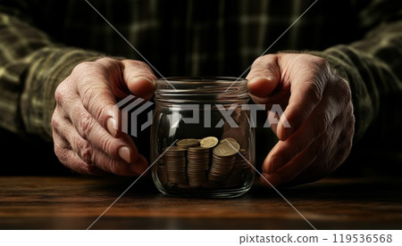 Man Putting Coins Into A Pension Jar For Future Financial Security And Investment In Home. Male Saving For Cash Growth And Retirement Fund In Money Box. 119536568