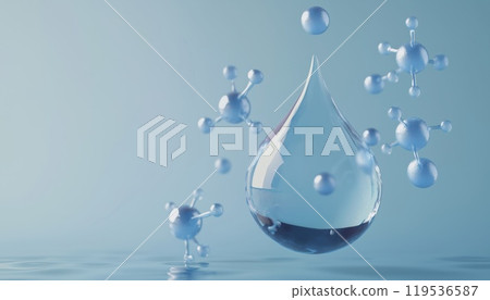 3d Rendering Of Blue Liquid Water Drop And Molecule: Stunning Illustration Showing The Beauty Of Nature In 3d Graphic Design 119536587