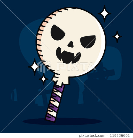 Skull-shaped lollipop for spooky Halloween candy design, Vector 119536601