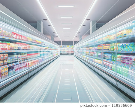 A brightly lit supermarket aisle with well-stocked refrigerated shelves on both sides, displaying various dairy and beverage products. 119536609