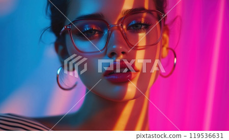 Vibrant Street Style: Woman In Unique Top And Stylish Glasses Against Colorful Neon Background. Youth, Beauty, And Fashion In Modern Lifestyle. Ad. Vibrant Street Style: Woman In Unique Top And Stylish Glasses Against Colorful Neon Background. Youth, Beauty, And Fashion In Modern Lifestyle. Ad. 119536631