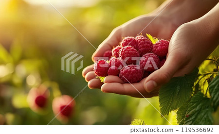 Close-Up Shot Of Farmer'S Hands Holding Ripe Raspberries In A Field, Emphasizing Raspberry Harvest Concept On A Farm Setting. Close-Up Shot Of Farmer'S Hands Holding Ripe Raspberries In A Field, Emphasizing Raspberry Harvest Concept On A Farm Setting. 119536692