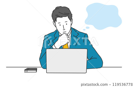 A simple illustration of a businessman thinking in front of a computer 119536778