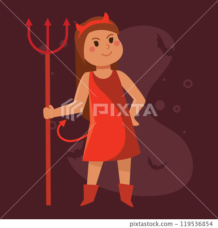 Devil girl with horns and trident for Halloween celebrations, Vector 119536854