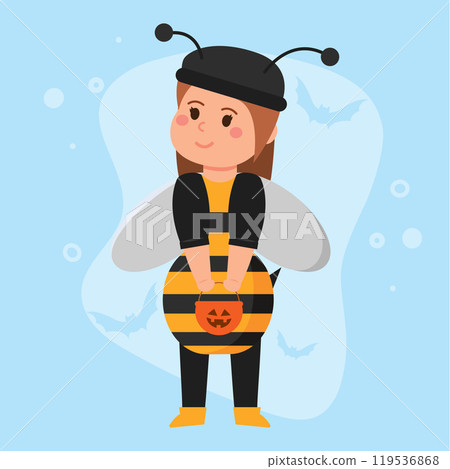 Cartoon girl dressed as bee with pumpkin bucket for Halloween, Vector 119536868