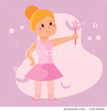 Fairy princess girl holding wand in pink dress for Halloween, Vector Fairy princess girl holding wand in pink dress for Halloween, Vector 119536869