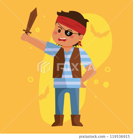 Pirate boy with sword and eyepatch for Halloween, Vector 119536915