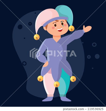 Cartoon jester boy in colorful outfit for Halloween, Vector 119536925
