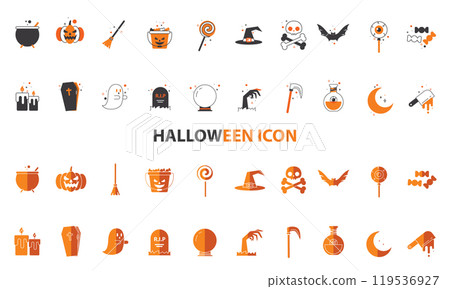 Halloween icons featuring cauldron, pumpkin, and witch hat, Vector 119536927