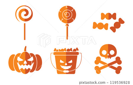 Ghosts, pumpkins, and candy Halloween pattern in orange, Vector 119536928