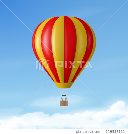 Vector Travel Banner with 3d Realistic Hot Air Balloon Icon on a Blue Sky Background. Design Template, Summer Vacation, Travelling, Tourism and Journey Concept 119537131