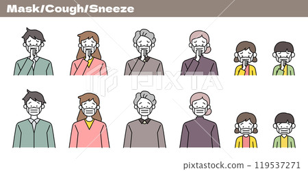 三個不適家庭(祖父母、孩子、父親、母親和孩子)戴著感冒、流感、坐著、打噴嚏等口罩的插圖。 三個不適家庭(祖父母、孩子、父親、母親和孩子)戴著感冒、流感、坐著、打噴嚏等口罩的插圖。 119537271