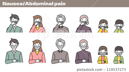 Illustration of three generations (grandfather, mother, child, father, mother, child) suffering from illness such as cold, flu, stomachache, nausea, etc. 119537273