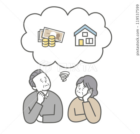 Illustration of an elderly couple worrying about assets 119537599