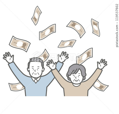 Illustration of a senior couple with flying money Illustration of a senior couple with flying money 119537602